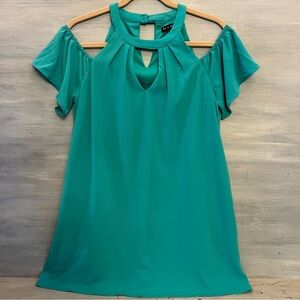 As U Wish Light Teal High Collar Off Shoulder FlutterSleeve Mini Dress Medium GC